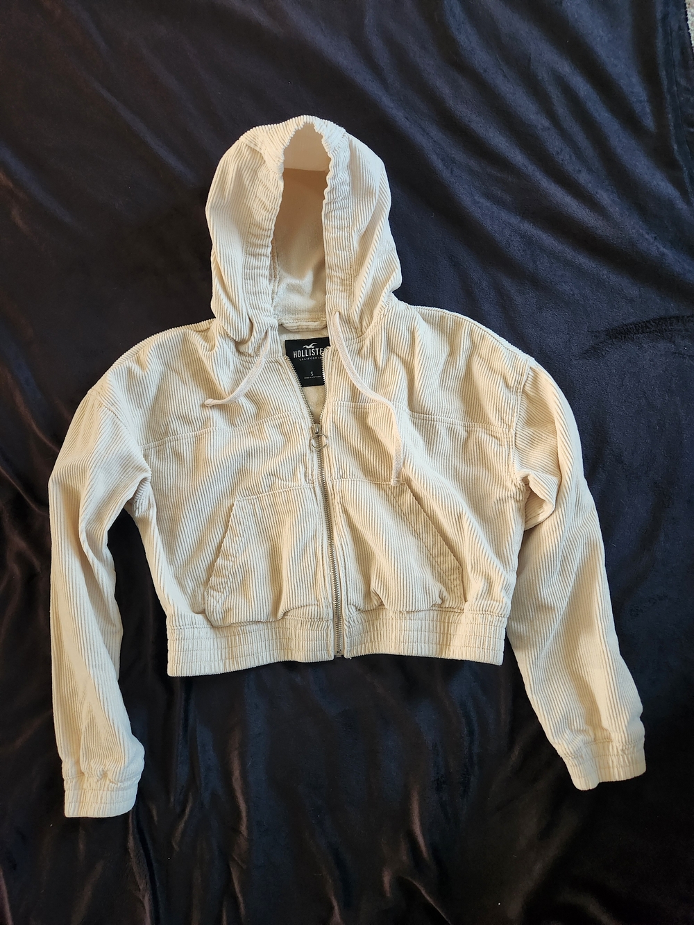 Hollister Cream Corduroy Cropped Zip Up With Hood